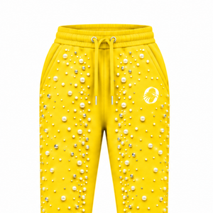 Custom Yellow Pearl Beaded Jogger Pants Women Fashion Embellished <b>Drawstring</b> Sweatpants Luxury Casual Streetwear Fleece <b>Trousers</b> - Product Image 3