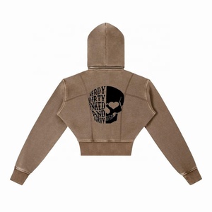 Women's <b>Cropped</b> Hooded <b>Zip</b>-<b>Up</b> Sweatshirt Solid Color Full Sleeve Knitted Cotton Autumn Casual Streetwear - Product Image 6