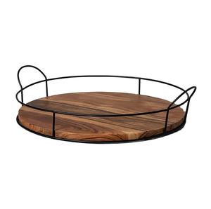 Plateau de service en métal et bois Pour la maison hôtel restaurant Décor d'assiette de service Couleur marron Design moderne Plateau de service en métal et bois - Product Image 1