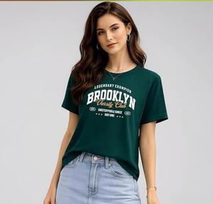 T-shirt décontracté à col rond et manches courtes pour femme, coupe ample, en jersey tricoté, couleur unie, imprimé lettres, printemps-été - Product Image 1