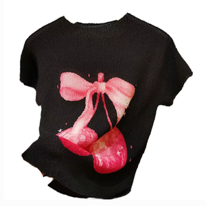 T-Shirt Cherry Print Jersey Anti-Pilling Digital Printing Casual Round Neck Loose Versatile Ruched <b>Top</b> for Summer - Product Image 3
