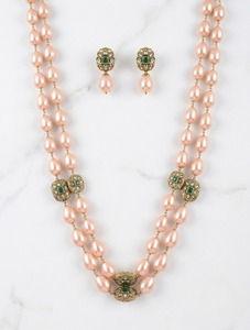 Luxury 2 Layer <b>Pink</b> Pearl Beaded <b>Necklace</b> Set Gold Plated Antique Floral Green Stone Statement Jewelry with Matching Earrings - Product Image 3