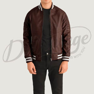 Chaqueta Bomber de Cuero Marrón para Hombre con Mangas Acolchadas en Forma de Panal y Puños Acanalados a Rayas, Prenda Deportiva Premium - Product Image 6