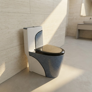 Inodoro de Diseño de Una Pieza, Alargado, con Acabado Gris Moteado y Asiento Negro, Montaje en el Suelo, Descarga Sifónica - Product Image 6