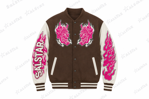 เสื้อแจ็คเก็ตเบสบอลสีน้ำตาลและสีขาวแบบกำหนดเองสำหรับผู้ชาย พร้อมลายปักกราฟิกสีชมพู, เสื้อแจ็คเก็ตบอมเบอร์สไตล์ Letterman สำหรับสตรีทแวร์ ผลิตโดยผู้ผลิตเสื้อแจ็คเก็ตบอมเบอร์ - Product Image 3