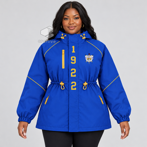 Chaqueta Impermeable Azul con Capucha para Mujer de la Hermandad Sigma Gamma Rho, Cortavientos con Cierre Completo, Cintura Ajustable con Cordón, Chaqueta Anorak para Exteriores - Product Image 5