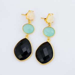 Boucles d'oreilles longues en argent sterling 925 haut naturel blanc arc-en-ciel Aqua calcédoine et onyx noir Design à la mode - Product Image 2