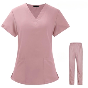 Tenues Médicales Tendance Été pour Femmes et Hommes – Ensembles Blouse et Pantalon d'Infirmière Col V Extensibles 4 Directions en Polyester Spandex Tricoté pour Hôpital - Product Image 1