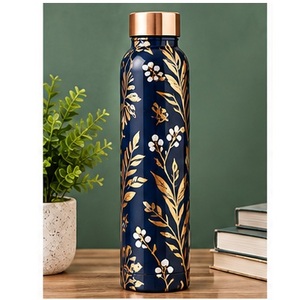 Designer Blue <b>white</b> floral Copper <b>Water</b> <b>Bottle</b> Portable Travel Drinkware with Copper Lid - Product Image 5