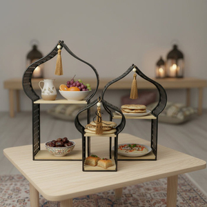 Islamic Mosque Arch Cake Stand <b>Set</b> Of 3 Pieces. 2-Tier With Wood Shelves & Tassels Eid Ramadan Metal Food Display Stand <b>Set</b> - Product Image 1