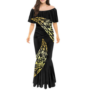 Vestido Largo Amarillo <span class=keywords><strong>con</strong></span> Estampado Tribal Polinesio, Manga Larga, Cola de Pez, Volantes en los Hombros, Diseño de Flores Tapa, Ropa Personalizada - Product Image 4