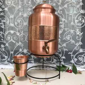 Handcrafted Hammered Pure Copper Water Dispenser with Metal Stand and Tumbler <b>Set</b> Polished Glossy Finish Ayurvedic Water Pot - Product Image 1