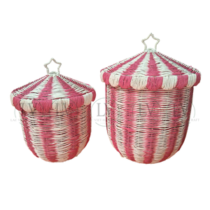 Ensemble de 2 paniers de rangement en corde de papier écologique avec poignée étoile et couvercle, empilables, fabriqués au Vietnam - Product Image 1