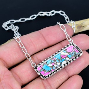 Cotton <b>Candy</b> Gemstone Chain Pendant: 925 Sterling Silver Handmade Designer Bar <b>Necklace</b> - Product Image 3