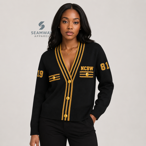 NCBW Sorority Women's <b>Varsity</b> Knit <b>Cardigan</b> V-Neck Button Front Long Sleeve Striped Rib Trim Embroidered Preppy Style Sweater - Product Image 5