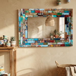 Handcrafted Rustic Eco-Friendly Durable Thick <b>Wall</b> <b>Mirror</b> Patchwork Reclaimed Boat Wood Original Color Living Room Bedroom Villa - Product Image 3