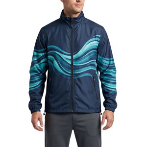 Navy Cyan Wave Graphic Windbreaker <b>Jacket</b> Sublimation Printed <b>Lightweight</b> Athletic <b>Running</b> Outdoor Casual Men's <b>Jackets</b> - Product Image 1