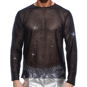 Camiseta de malla transpirable de poliéster para hombre, estilo sexy para discoteca, con hombros caídos y manga larga, ideal para fitness. - Product Image 2