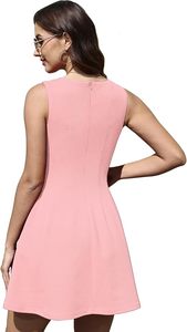 O-Neck Sleeveless A-Line Slim Mini Dress Solid Pink Casual <b>Summer</b> Breathable Knitted Spandex/Polyester - Product Image 2