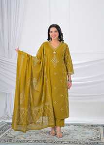 Conjunto de traje de algodón azul cielo premium de 60x60 con estampado digital, cuello adornado, pantalones a juego y dupatta estampada para mujer - Product Image 1