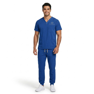 Ensemble de blouses d'infirmière 2 pièces pour hommes, uniforme médical, hauts à manches courtes, pantalons ajustés, 100% polyester, ensemble de blouses pour personnel médical - Product Image 1