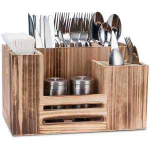 Wooden Cutlery Holder with Napkin Stand Kitchen Utensil Organizer Spoon Fork Knife <b>Storage</b> Box Tabletop Dining Organizer - Product Image 3