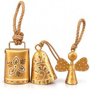 Distinctive Golden Iron Hanging Bells with Hand Painted Folk Designs Floral Medallion <b>Artwork</b> and Braided Rope Hangers - Product Image 5