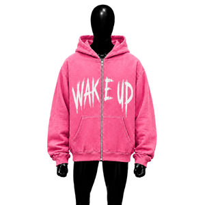 เสื้อฮู้ดซิปสีชมพูสดขนาดใหญ่พิมพ์ลาย Wake Up สไตล์สตรีทแวร์สำหรับผู้ชาย เสื้อฮู้ดซิปเต็มตัวลำลองแฟชั่นแนวอเมริกัน - Product Image 1