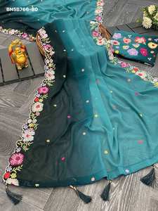 ผ้าซารีผ้าจอร์เจตต์เทียมคุณภาพเยี่ยม ดีไซน์หรูหรา เหมาะสำหรับงานปาร์ตี้ ประดับด้วยเลื่อมหลากสีและงานปัก จากซัพพลายเออร์ในอินเดีย - Product Image 5