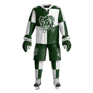 Conjunto de Jersey de Hockey sobre Hielo Jokers para Hombre, Manga Larga, Sublimado, Absorbente de Humedad, Corte Atlético, Verde y Blanco con Estampado de Personajes - Product Image 1