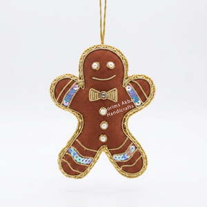 Handmade Gingerbread Man Embroidered Christmas <b>Ornament</b> with Sequin Detail Medium Size Hanging Decoration - Product Image 1