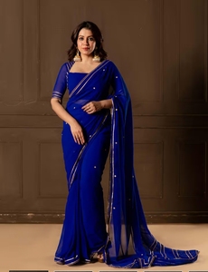 Sari bleu en cuivre KV avec blouse et jupon cousus - Product Image 2
