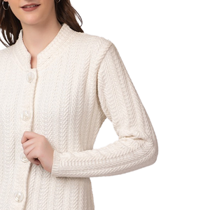 High Quality Women's Cream Knitted Long Sleeve <b>Cardigan</b> Stand Collar Button Front Solid Color Classic Winter Wear - Product Image 5