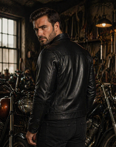 Veste en cuir véritable noire pour homme, col rabattu, fermeture à boutons, coupe ajustée, style motard, imperméable et respirante pour l'hiver - Product Image 2