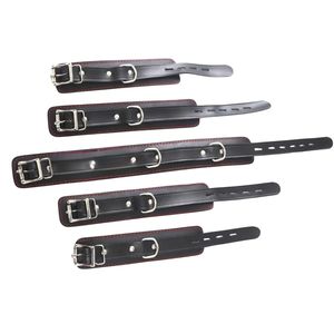 Leather Bondage Restraints Set With Wrist And Ankle Cuffs Red Lining Metal Buckles And Connectors - Product Image 5