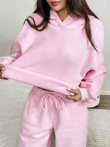 Ensemble de survêtement décontracté personnalisé avec logo OEM, sweat à capuche court et pantalon de jogging pour femme, ensemble deux pièces pour femme - Product Image 3