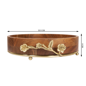 Tazón de madera redondo para servir con elegantes detalles florales de metal dorado y patas de bola, perfecto para decoración del hogar y para servir. - Product Image 2