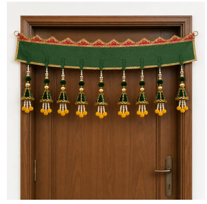 Traditional Indian Door Toran with Red Green Embroidery and Tassels for Entryway Decor - Product Image 2