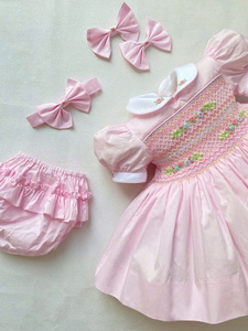 Hand Smock Light <b>pink</b> 100% Cotton Baby <b>Girls</b> <b>Dress</b> with Peter Pan Collar Cute Midi Length ODM Supply - Product Image 4