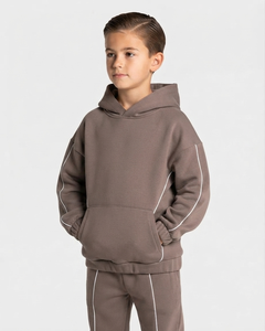 Custom Contrastline Mocha <b>Oversized</b> Kids Boys Tracksuit Set Cotton Fleece Hoodie & Wide Leg <b>Sweatpants</b> OEM & ODM Manufacturer - Product Image 3