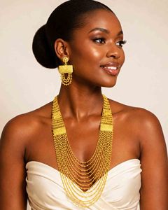 Parure de bijoux de mariage multicouche lourde style Dubaï, plaqué or 14K 18K 24K, colliers de mariée arabes, vente en gros de bijoux de mode - Product Image 3