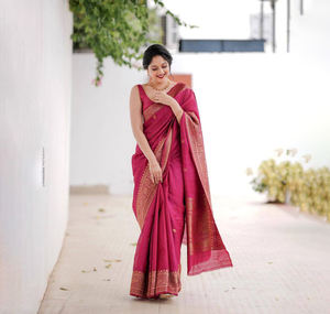 Sari de Seda Suave Banarasi de la India con Tejido de Zari Cobre, Piezas de Blusa, Ropa Tradicional para Fiesta, Reversible, Ajuste Delgado, Largo hasta el Suelo - Product Image 1