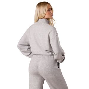 Sweat-shirt gris clair en maille à fermeture éclair intégrale, col montant respirant, coupe décontractée, manches longues, style streetwear décontracté pour femme - Product Image 2