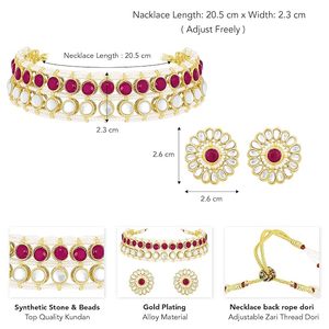 Parure de bijoux ethniques indiens pour femme, collier ras-du-cou et boucles d'oreilles longues, en laiton plaqué or, avec zircon et motif floral serti en canal, pour mariage - Product Image 3