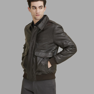 Men's Black Leather Bomber Jacket Breathable Casual Zipper Closure Stand Collar <b>Winter</b> 300g - Product Image 1