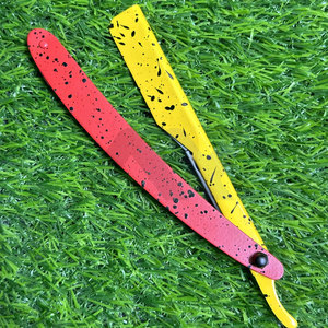 มีดโกนหนวดแบบเลื่อนล็อคสีเหลืองนีออนชมพู มีดโกนหนวดตรงแบบพับได้ มีดโกนตัดผมแบบพับได้ พร้อมโลโก้สำหรับร้านทำผม - Product Image 3