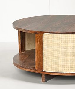 Table basse en bois massif Sheesham avec design rond en rotin, finition teck, table centrale avec rangement pour le salon, décoration intérieure - Product Image 3