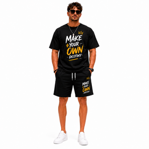 Men's Black Cotton Two Piece Shorts <b>Set</b> Crew Neck Digital Printed Letter Pattern Casual Summer Wear Breathable <b>Knitted</b> - Product Image 1