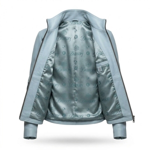 Light Blue Womens <b>Real</b> <b>Leather</b> <b>Jacket</b> High Stand Collar Contrast Color Panel Patch Zipper <b>Biker</b> Motorcycle Outerwear - Product Image 5