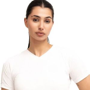 Camiseta Blanca de Manga Corta con Cuello en V para Mujer, Ajustada, Informal, Básica, Elástica, para Uso Diario, Ropa de Moda Femenina, Prenda de Verano Sencilla - Product Image 2